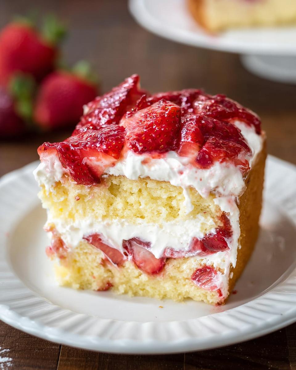 A close-up of a moist slice of Strawberry Fruit Topped Cake layered with cream and fresh strawberries.