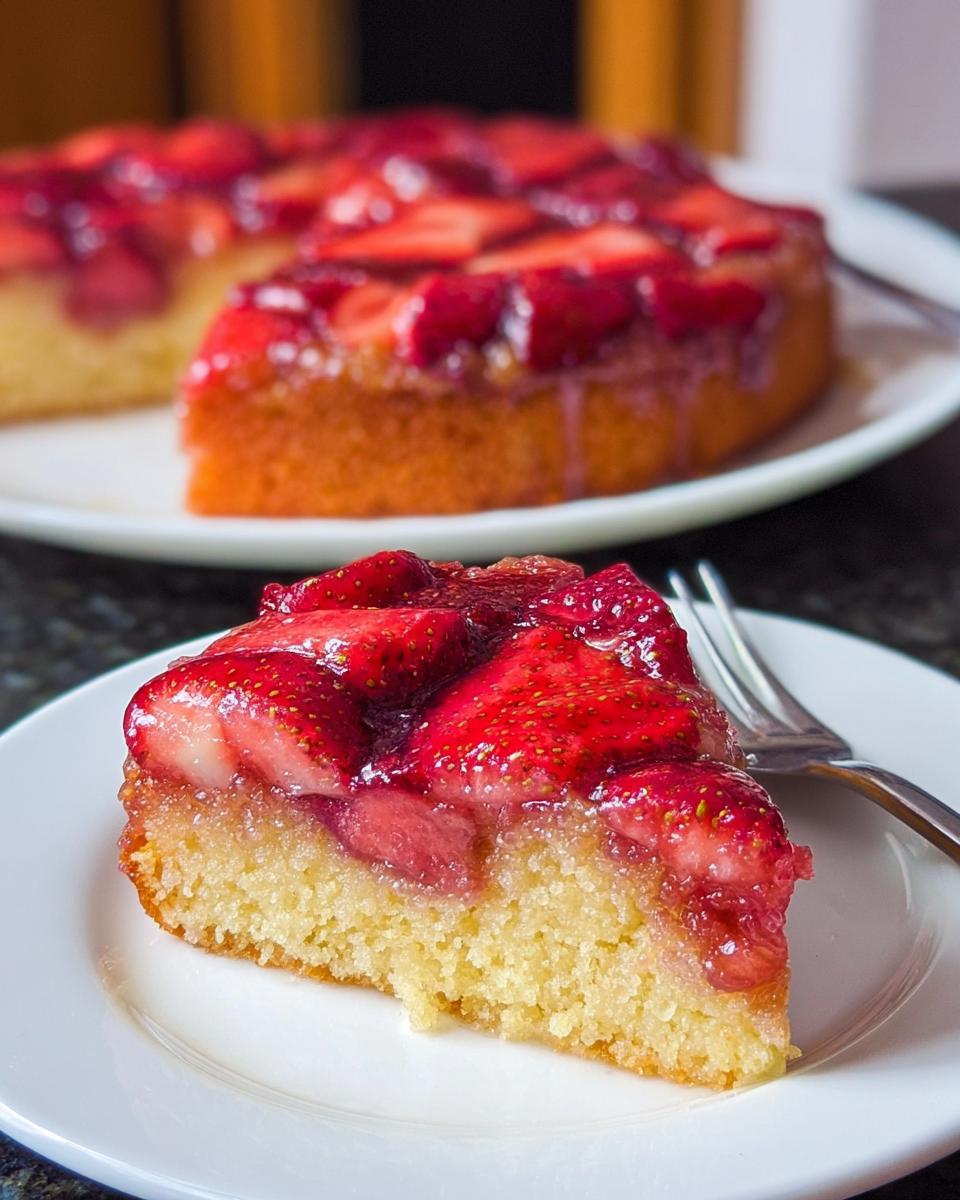 A moist slice of Strawberry Sheet Upside Down Cake topped with caramelized strawberries, served on a white plate.