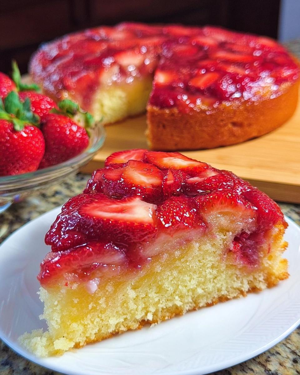 A close-up slice of moist Strawberry Sheet Upside Down Cake topped with glazed strawberries on a white plate.