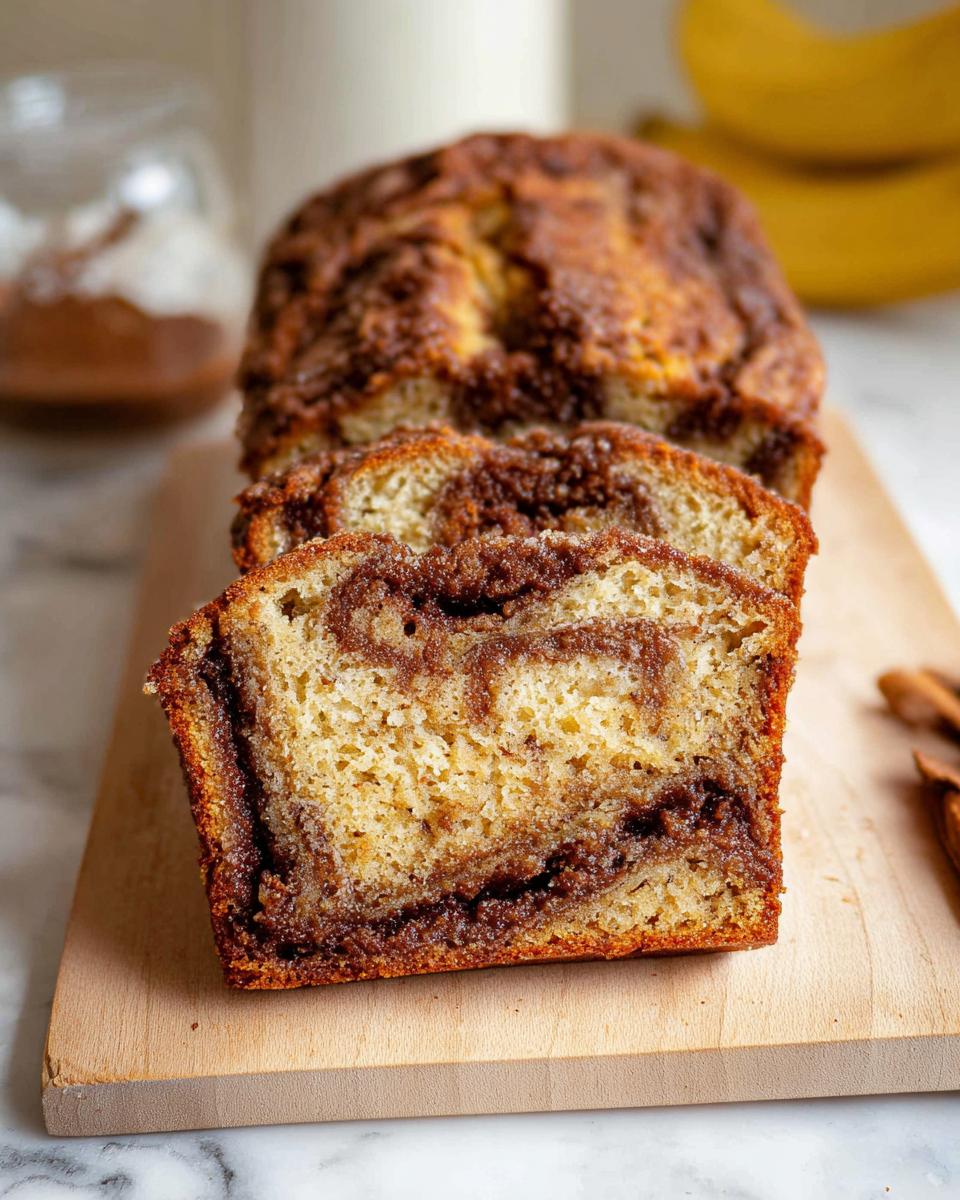 Two slices of Banana Bread with Cinnamon Filling showing the rich swirl texture on a wooden board.