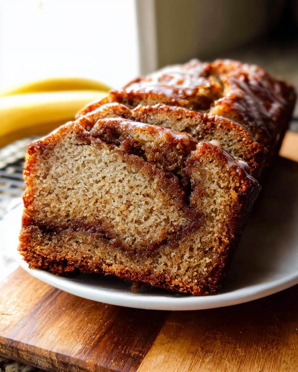 Close-up of sliced Cinnamon Swirl Banana Bread showing the moist crumb and cinnamon layer, topped with a light glaze.