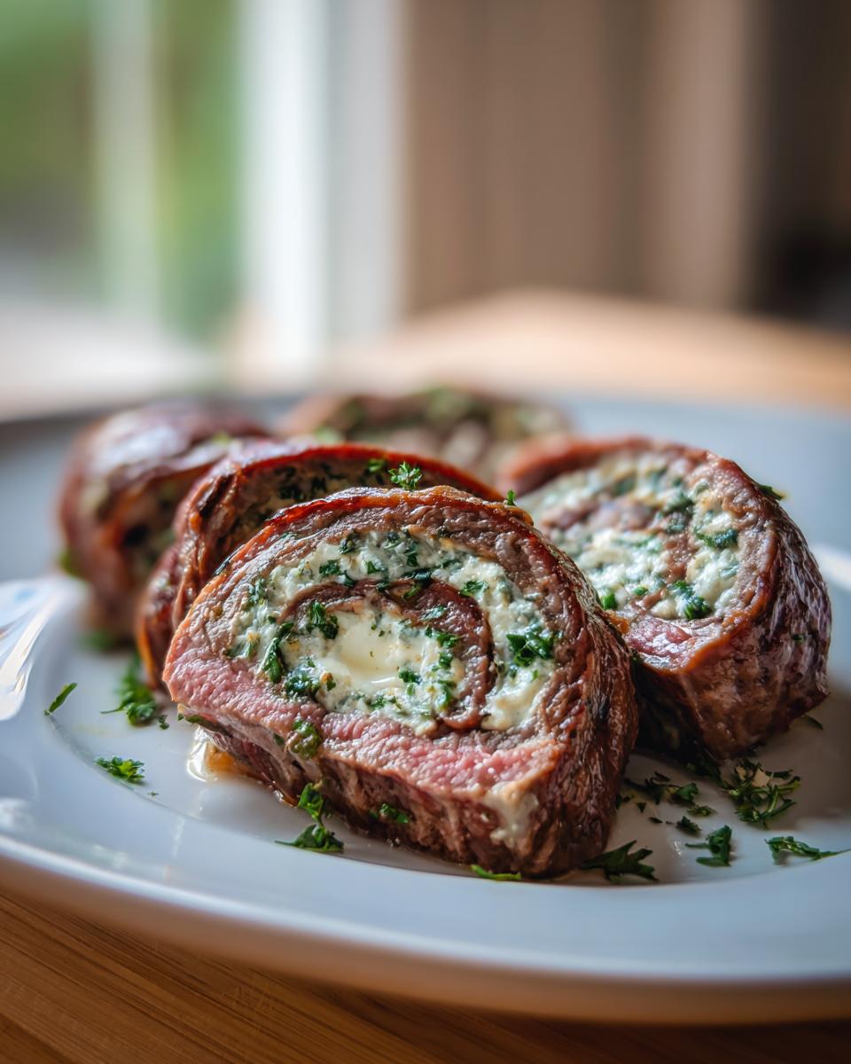 Close-up of sliced Low Carb Beef Roll Ups stuffed with a creamy, herbed cheese filling, served on a white plate.