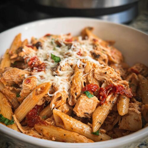 A close-up of a bowl filled with creamy Slow Cooker Chicken Pasta Dinner, topped with melted mozzarella and sun-dried tomatoes.