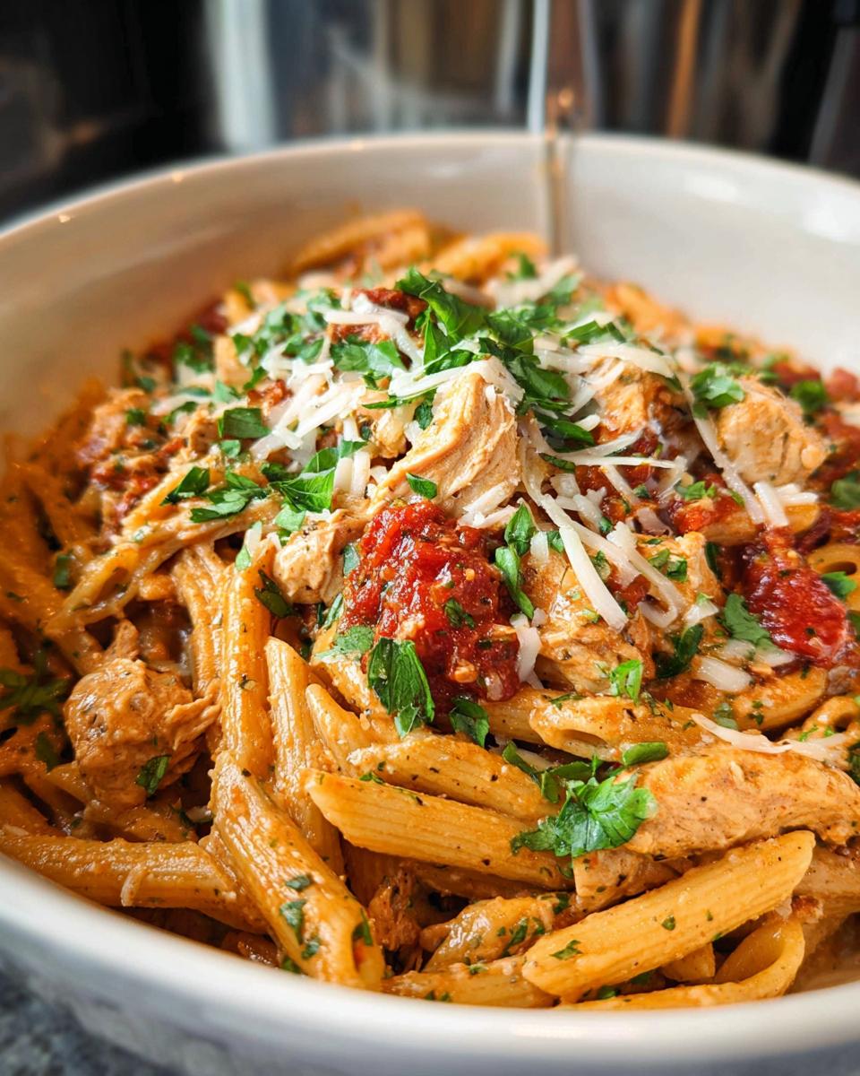 Close-up of a bowl filled with creamy Slow Cooker Chicken Pasta Dinner, topped with shredded cheese, sun-dried tomatoes, and fresh parsley.