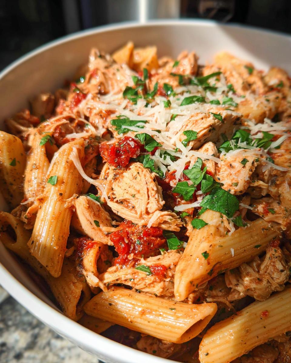 Close-up of a bowl filled with Slow Cooker Chicken Pasta Dinner, featuring penne, shredded chicken, tomato sauce, and Parmesan cheese.