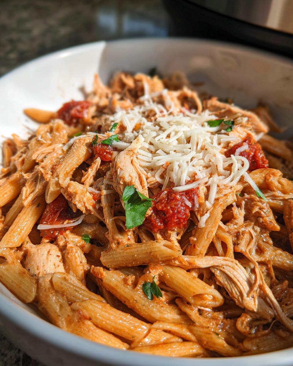 Close-up of a bowl of creamy Slow Cooker Chicken Pasta Dinner topped with shredded cheese and parsley.