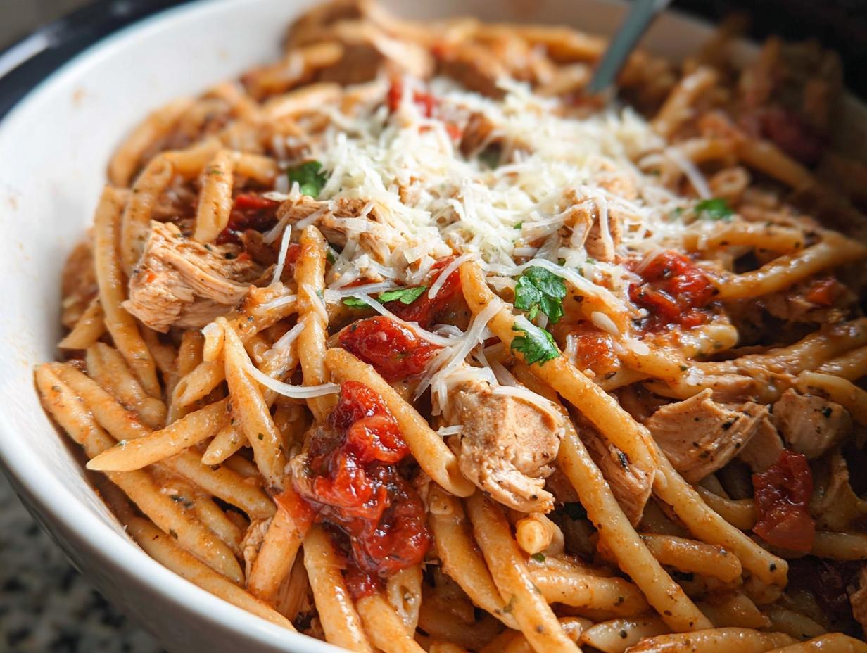 A close-up shot of a hearty Slow Cooker Chicken Pasta Dinner topped with shredded Parmesan cheese and fresh herbs.