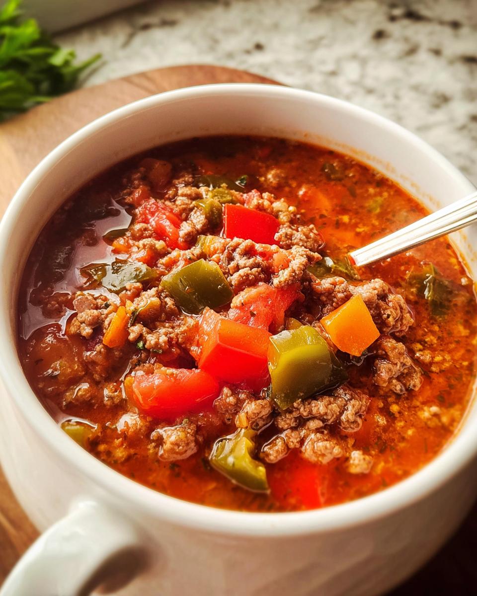 Close-up of a white bowl filled with rich, red Slow Cooker Pepper Soup featuring ground meat and chunks of red and green peppers.