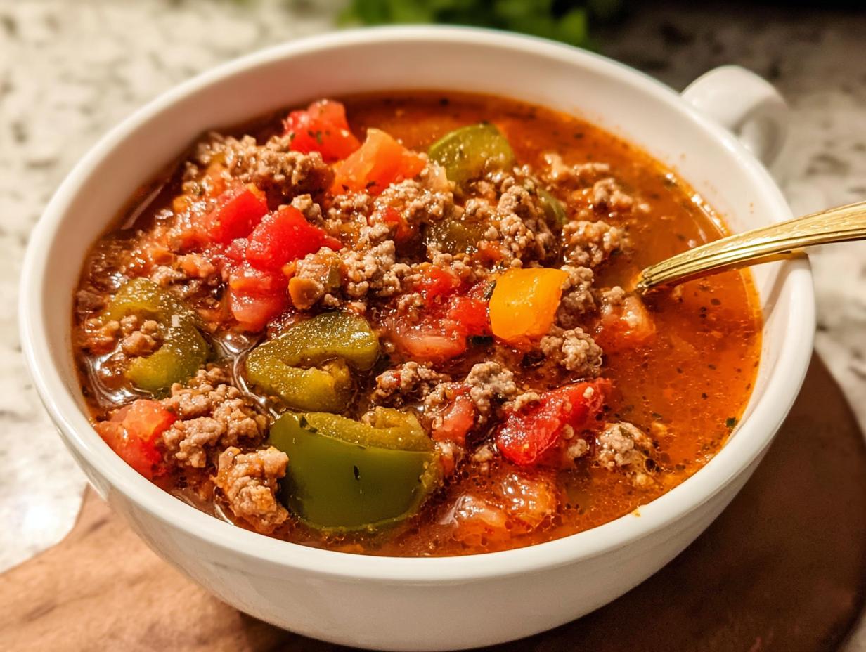 Close-up of a white bowl filled with rich Slow Cooker Pepper Soup featuring ground meat, diced tomatoes, and green peppers.
