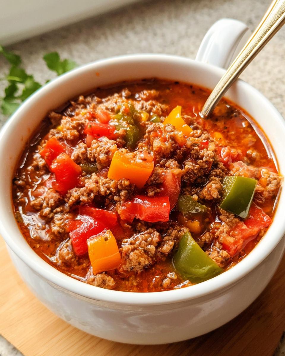 A close-up of hearty Slow Cooker Pepper Soup, featuring ground meat and colorful diced peppers in a rich tomato broth.