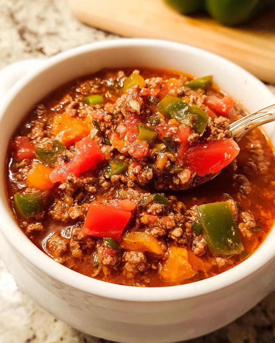 Close-up of a spoonful of rich Slow Cooker Pepper Soup filled with ground meat and colorful bell peppers.