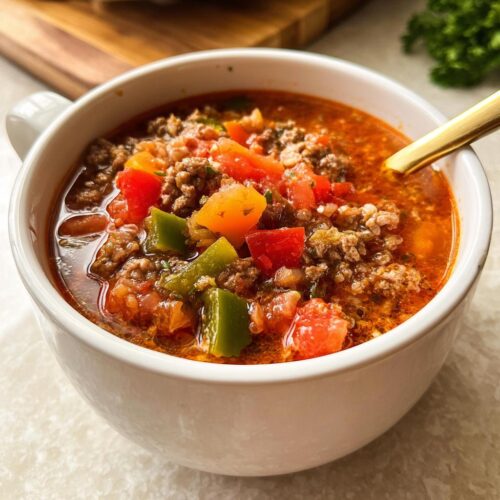 Close-up of a steaming bowl of Slow Cooker Pepper Soup filled with ground meat and colorful bell peppers.