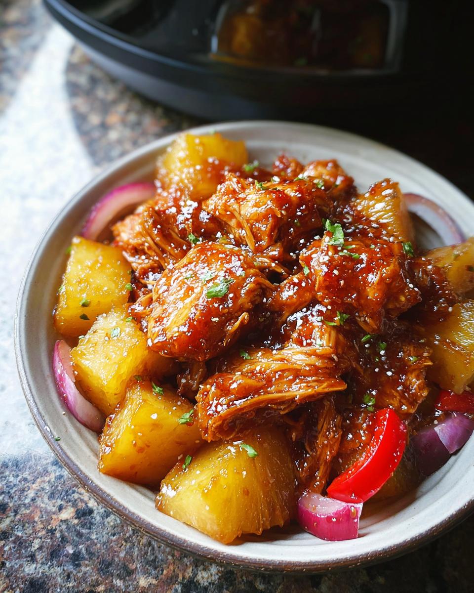 Close-up of shredded Slow Cooker Pineapple Chicken coated in a glossy sauce with chunks of pineapple and red onion slices.