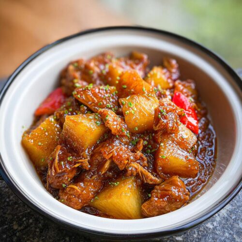 A close-up of Slow Cooker Pineapple Chicken with chunks of pineapple and shredded chicken coated in a rich, dark sauce, garnished with chives.