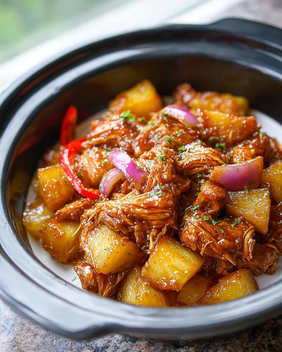 Shredded chicken coated in a rich sauce mixed with chunks of pineapple, red onion, and chili, ready to serve from a slow cooker. Slow Cooker Pineapple Chicken.