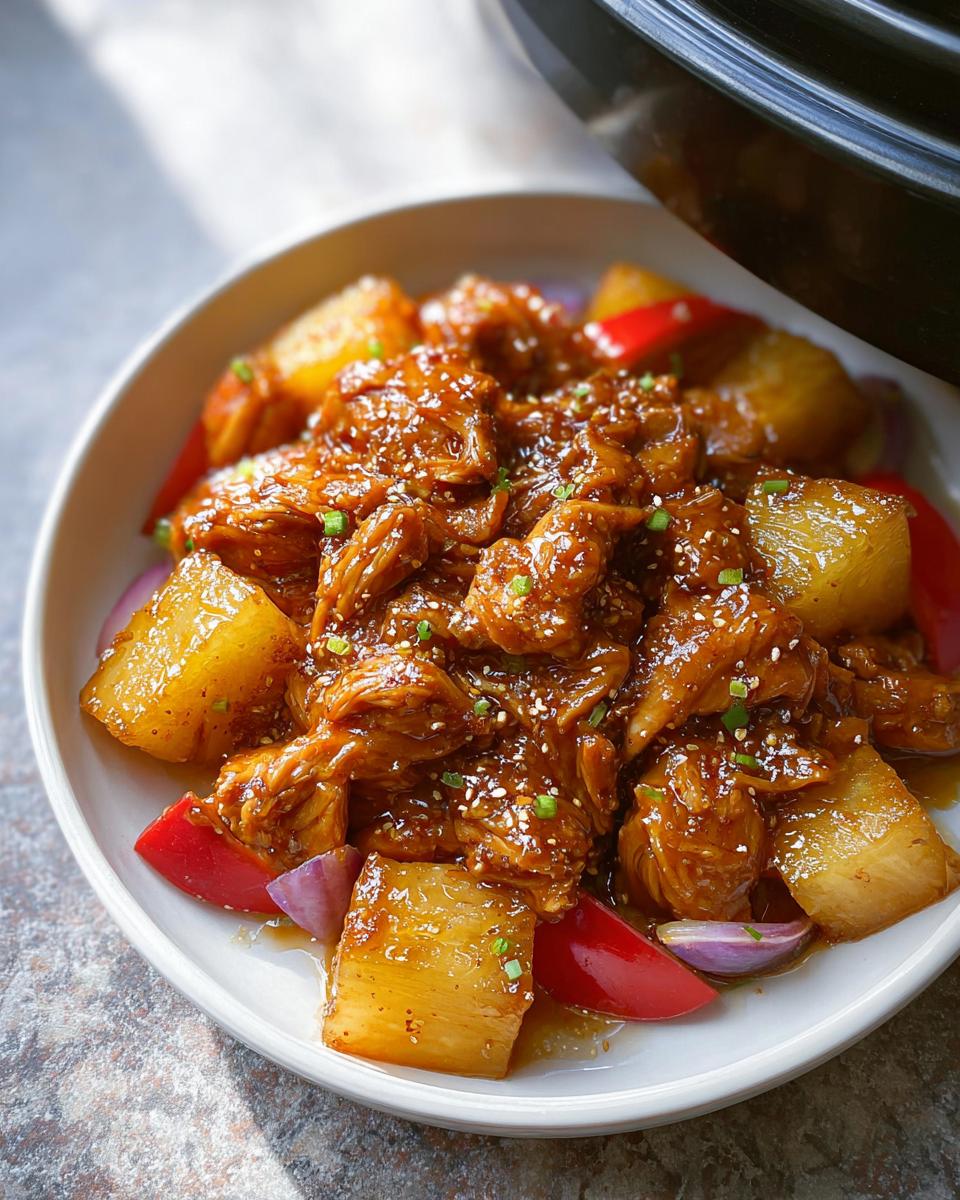 A close-up of glossy, saucy Slow Cooker Pineapple Chicken served with chunks of pineapple, red pepper, and onion.