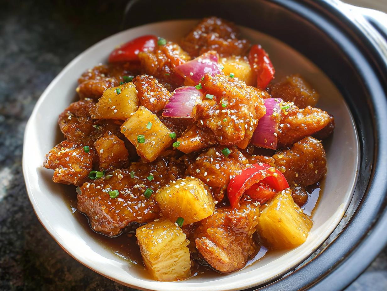 Close-up of saucy Slow Cooker Pineapple Chicken chunks with pineapple, red onion, and sesame seeds.