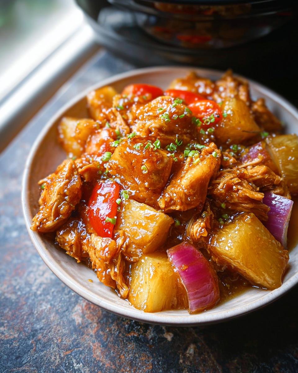 Close-up of Slow Cooker Pineapple Chicken served in a bowl with chunks of pineapple, red pepper, and purple onion.