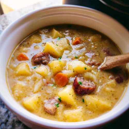 Close-up of a creamy bowl of Slow Cooker Sausage Potato Soup, featuring chunks of potato, sausage, and carrots.
