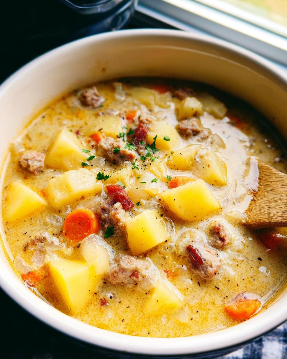 Close-up of creamy Slow Cooker Sausage Potato Soup loaded with chunks of potato, sausage, and carrots.