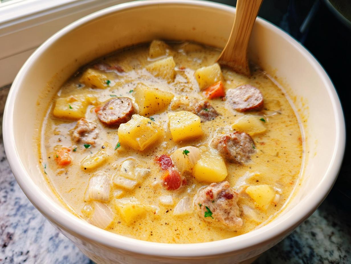 Close-up of creamy Slow Cooker Sausage Potato Soup filled with chunks of potato, sausage, and herbs in a white bowl.