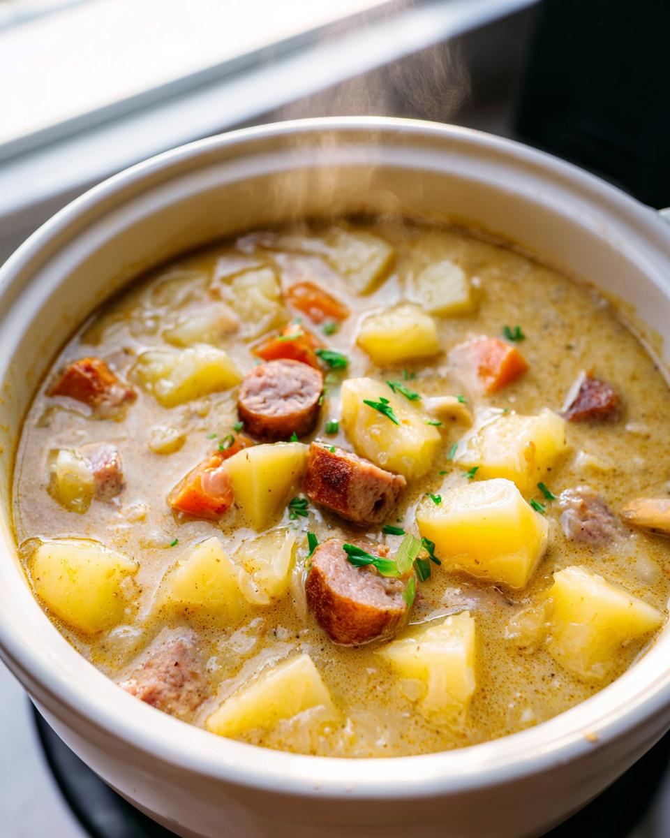 Close-up of hot Slow Cooker Sausage Potato Soup with chunks of potato, sausage, and carrots, garnished with chives.