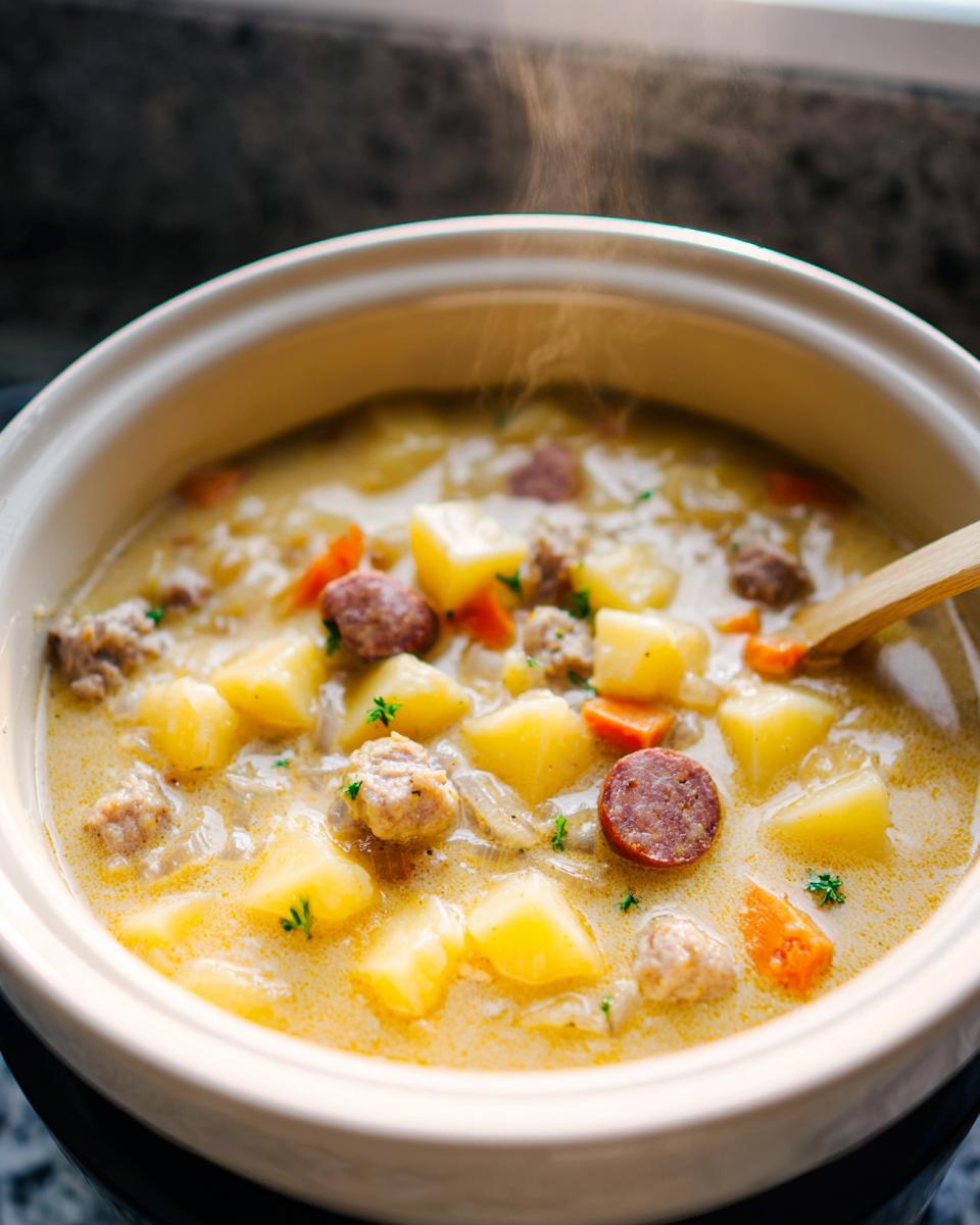 Close-up of creamy Slow Cooker Sausage Potato Soup with chunks of potato, sausage, and carrots, steaming slightly.