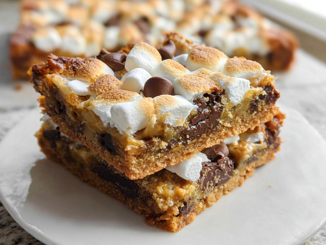 Two stacked squares of S’mores Magic Cookie Bars featuring a graham crust, chocolate chips, and toasted marshmallows on top.