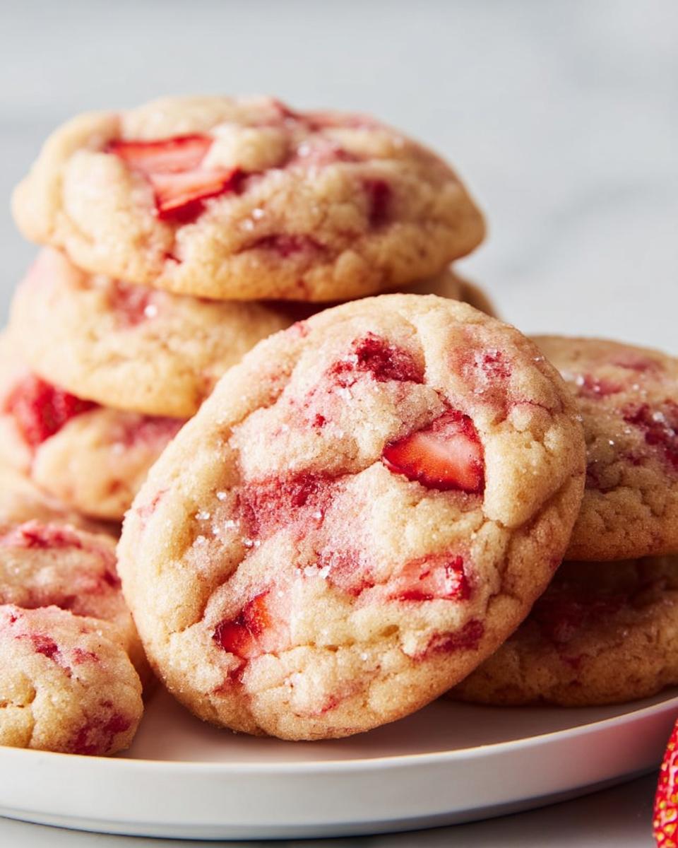 Close-up of soft, chewy Strawberry Dessert Cookies studded with fresh strawberry pieces and sprinkled with sugar.