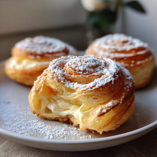 A close-up of a Soft Vanilla Pastry cut open to show rich cream filling, dusted with powdered sugar.
