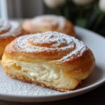 Close-up of a soft vanilla pastry, cut open to show creamy filling, dusted with powdered sugar.