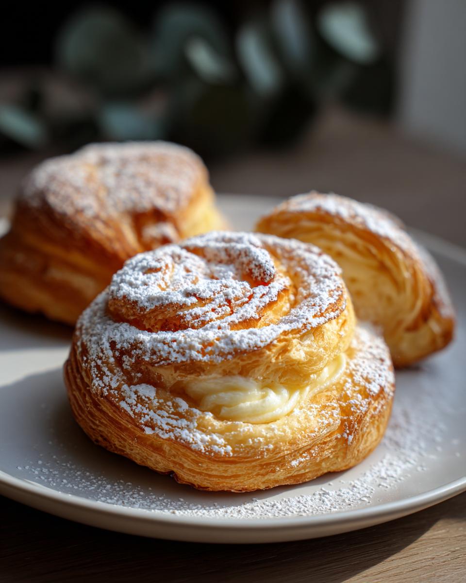 Close-up of a flaky, cream-filled Soft Vanilla Pastry dusted heavily with powdered sugar.
