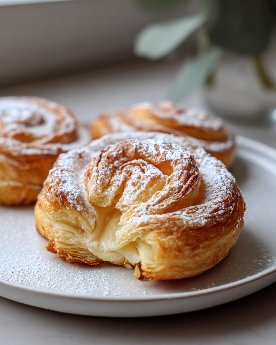 Close-up of a flaky Soft Vanilla Pastry oozing cream filling, dusted heavily with powdered sugar.