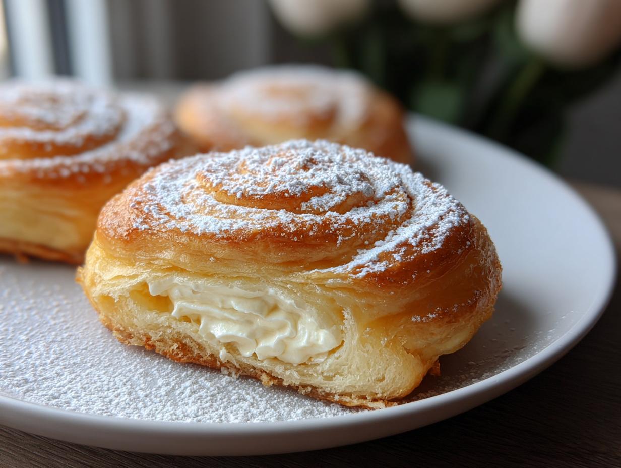 Close-up of a soft vanilla pastry, cut open to show creamy filling, dusted with powdered sugar.