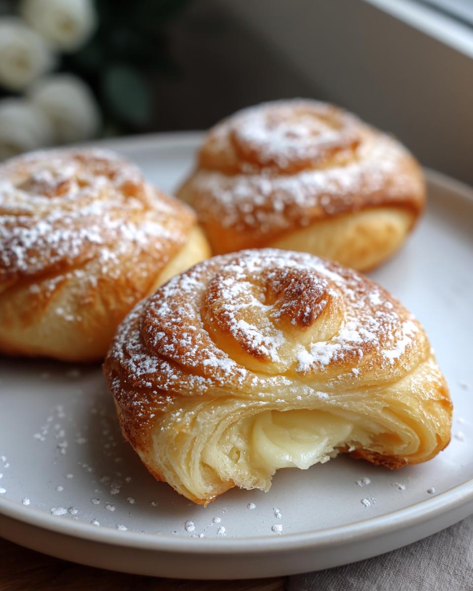 Three Soft Vanilla Pastry buns dusted with powdered sugar, one showing a creamy vanilla filling.
