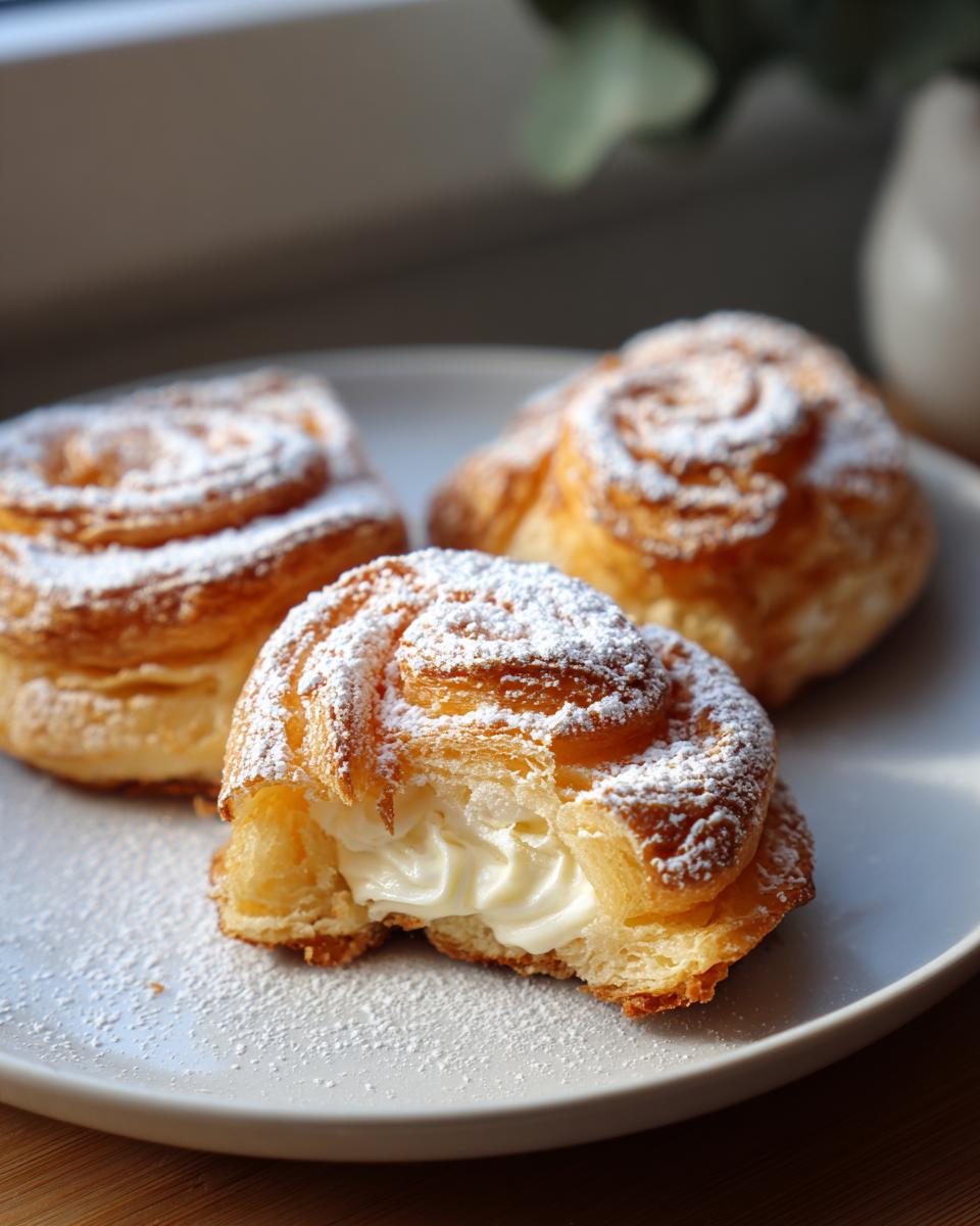 Three flaky pastries dusted with powdered sugar, one showing a rich vanilla cream filling, perfect for a Soft Vanilla Pastry for Cozy Mornings.
