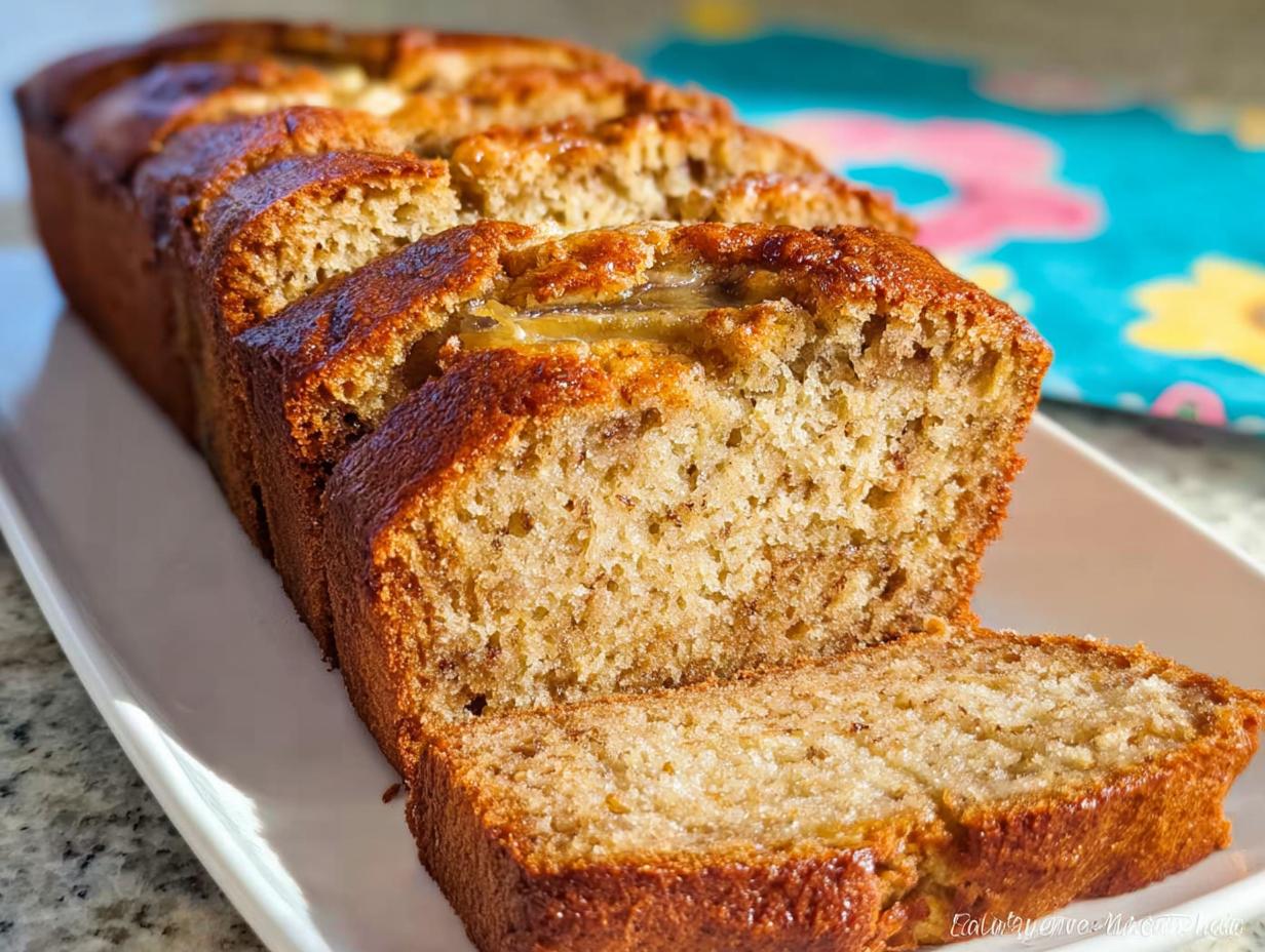 Close-up of a sliced loaf of incredibly moist Sour Cream Banana Bread with a golden-brown crust.