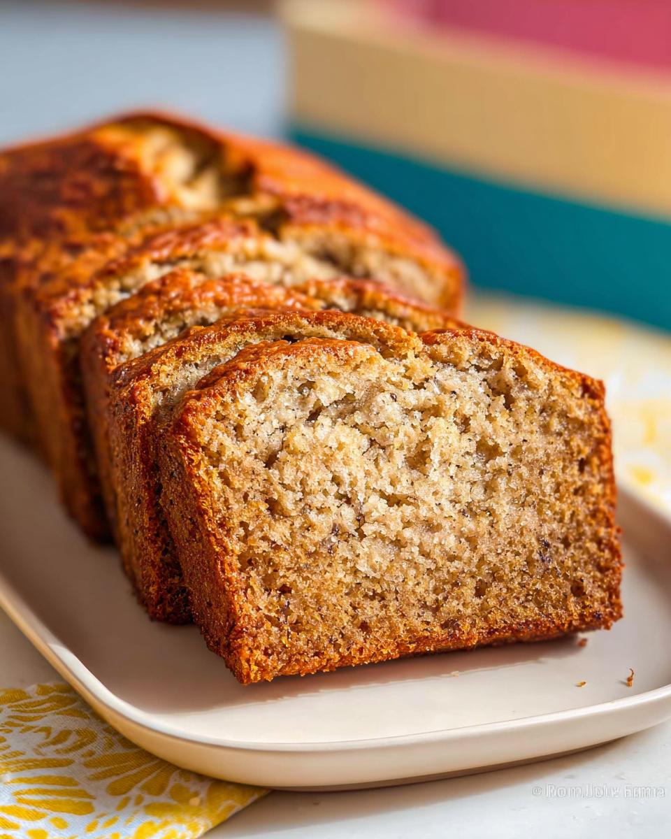 Close-up of thick slices of moist Sour Cream Banana Bread on a light platter.