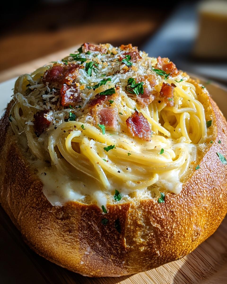 Close-up of a rich Spaghetti Carbonara Bread Bowl topped with crispy pancetta, grated cheese, and parsley.