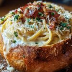 Close-up of a rich Spaghetti Carbonara Bread Bowl topped with crispy pancetta, Parmesan, and parsley.
