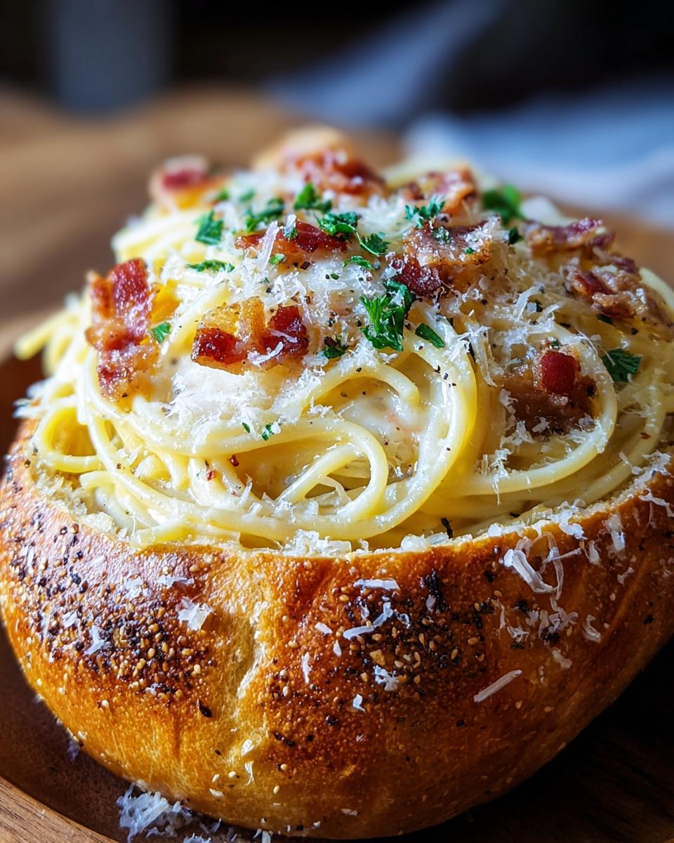 Close-up of Spaghetti Carbonara Bread Bowl filled with creamy pasta, topped with crispy pancetta, Parmesan, and parsley.
