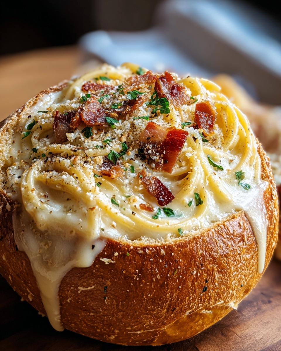 Close-up of a rich Spaghetti Carbonara Bread Bowl overflowing with creamy pasta, crispy pancetta, and cheese.