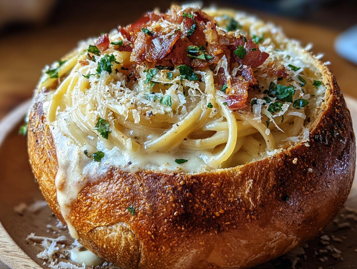 Close-up of a rich Spaghetti Carbonara Bread Bowl topped with crispy pancetta, Parmesan, and parsley.