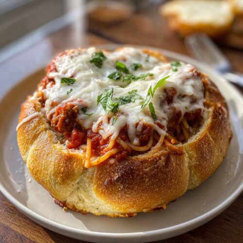 A baked bread bowl filled with Spaghetti Marinara, topped with melted mozzarella cheese and fresh basil.
