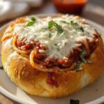 A close-up of a Spaghetti Marinara Garlic Bread Bowl topped with melted mozzarella and fresh basil.