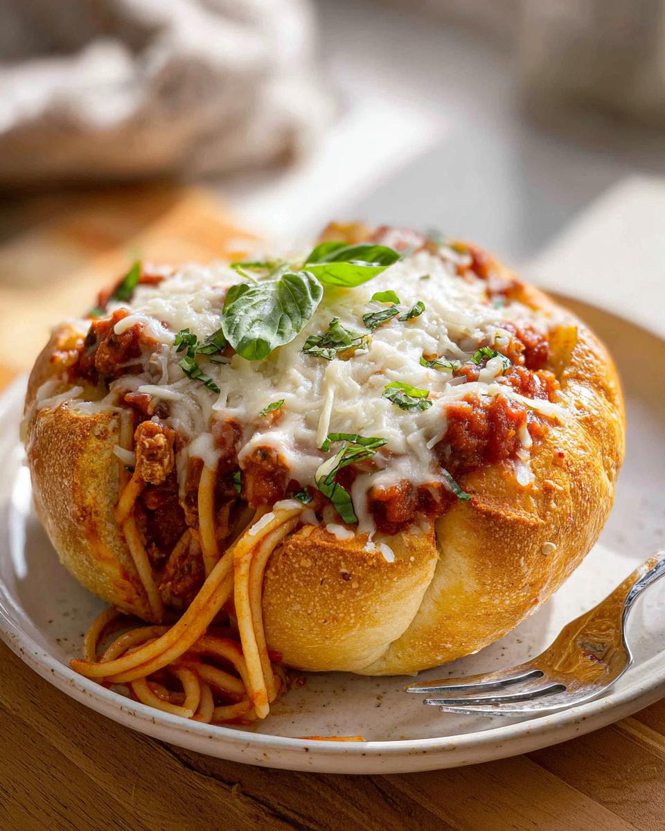 A close-up of a Spaghetti Marinara Garlic Bread Bowl topped with melted cheese and fresh basil.