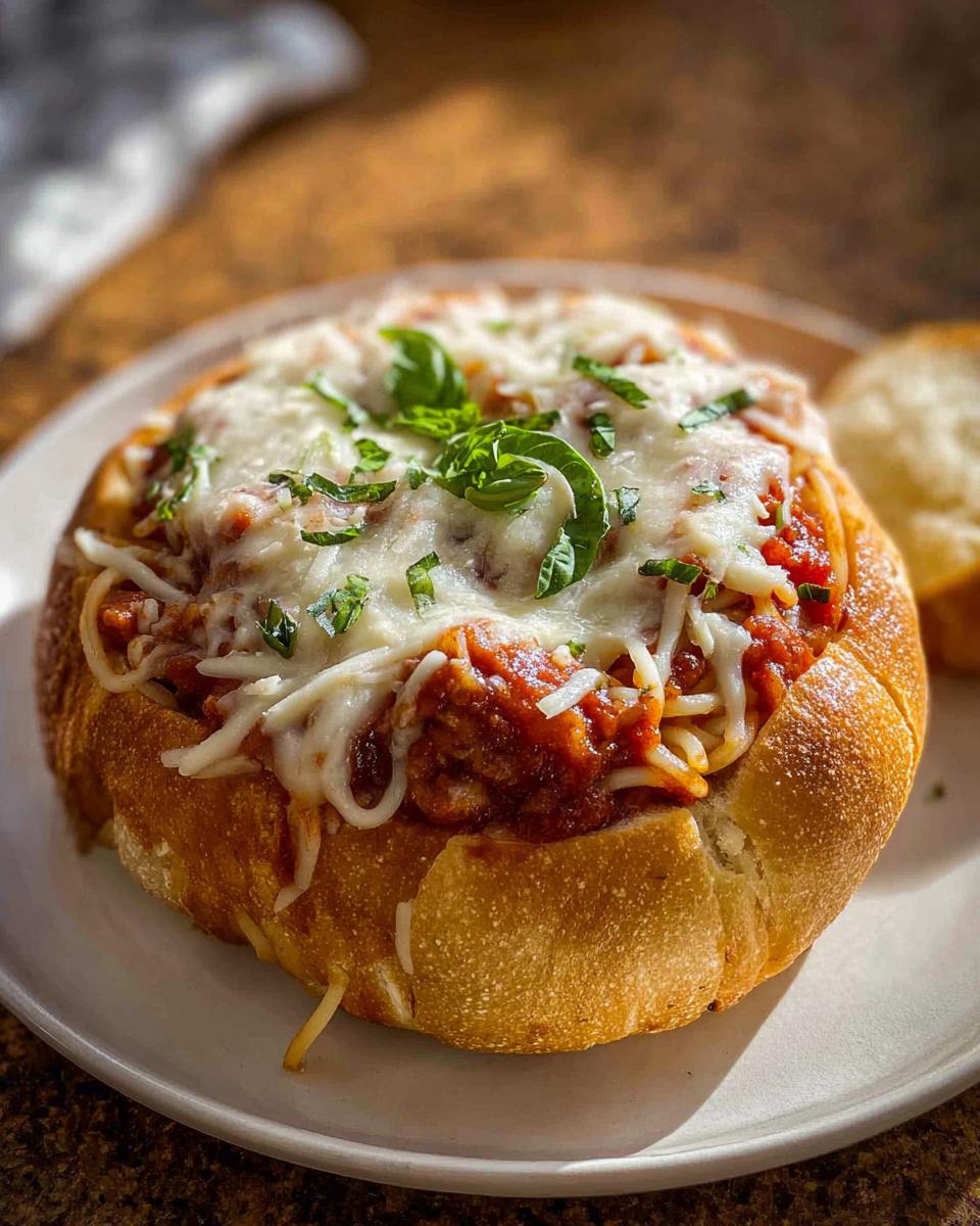 A baked bread bowl filled with Spaghetti Marinara, topped with melted mozzarella and fresh basil.