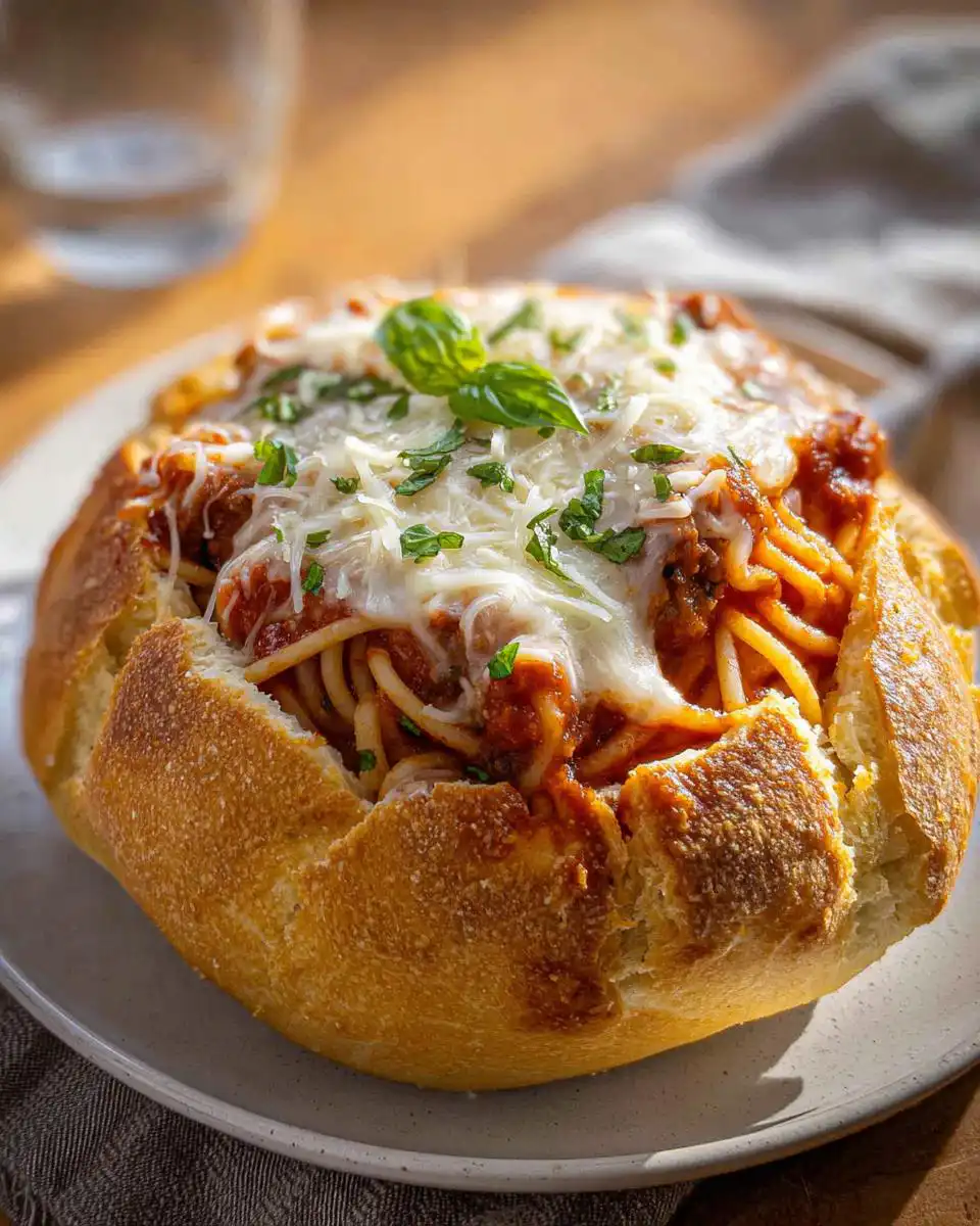 A close-up of Spaghetti Marinara Garlic Bread Bowl topped with melted mozzarella and fresh basil.