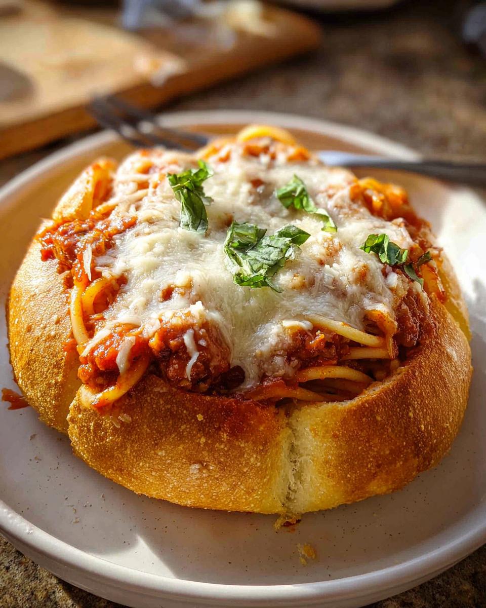 A close-up of a Spaghetti Marinara Garlic Bread Bowl topped with melted mozzarella and fresh basil.