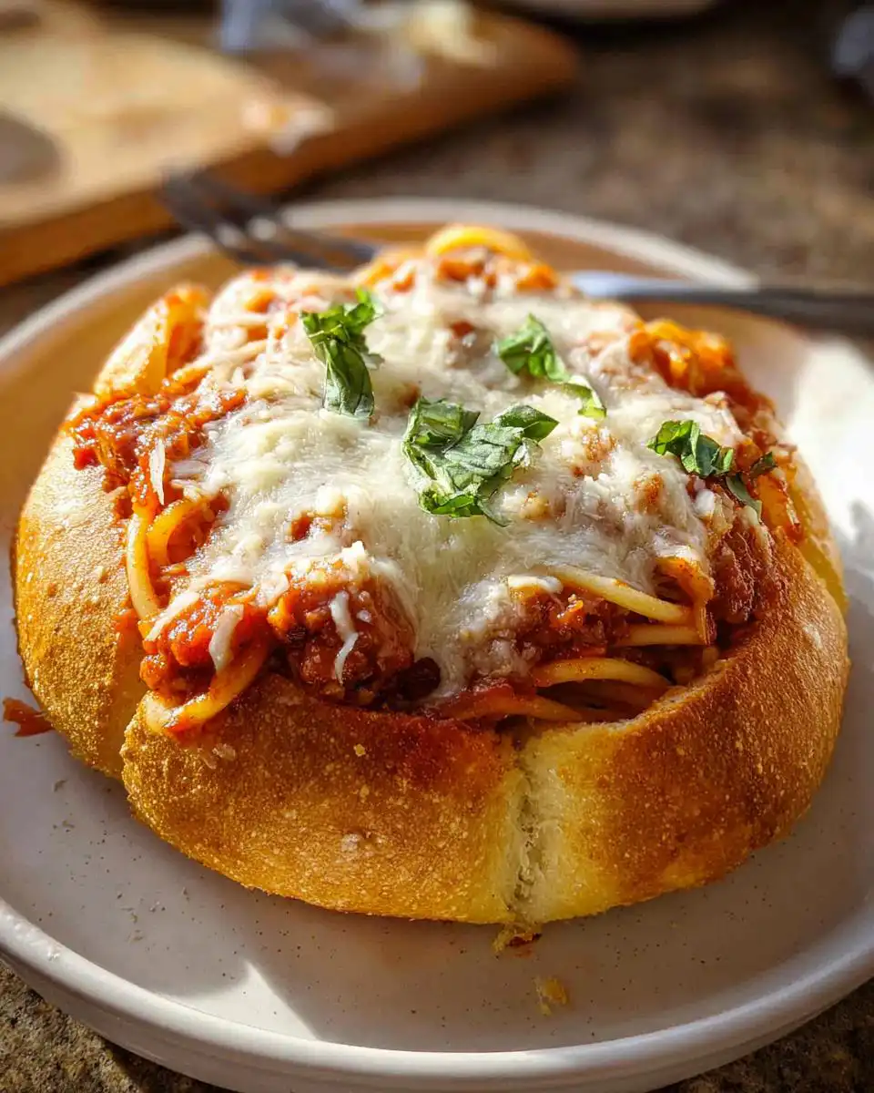 A close-up of a Spaghetti Marinara Garlic Bread Bowl topped with melted mozzarella and fresh basil.